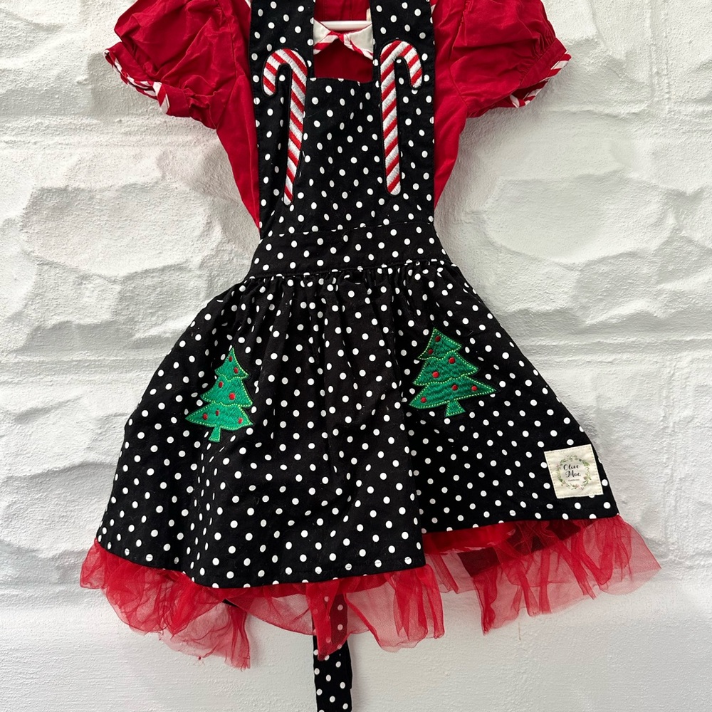 Olive Mae girls red Christmas tree dress with pinafore 3t